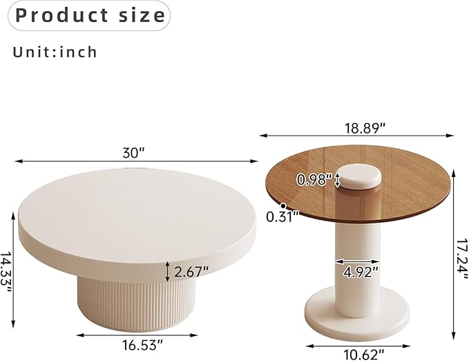 Nesting Coffee Table Set of 2, Round Shape Center & Small Tempered Glass Top Accent Side Table, Modern Home Decor Table Set for Living Room, Bedroom, Office