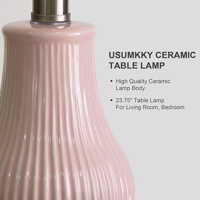 23.75inch Pink Modern Ceramic Bedside Lamp Set of 2 for Bedroom Decor Farmhouse Table Lamp for Living Room Office Dorm
