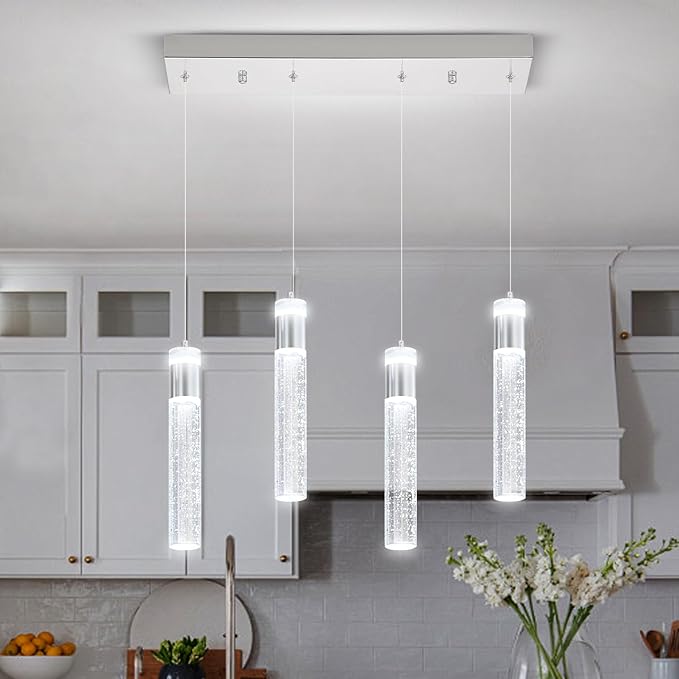 Dimmable Chrome 4-Light Pendant Lights Kitchen Island Modern LED Crystal Ceiling Light for Dinning Room Living Room 32W