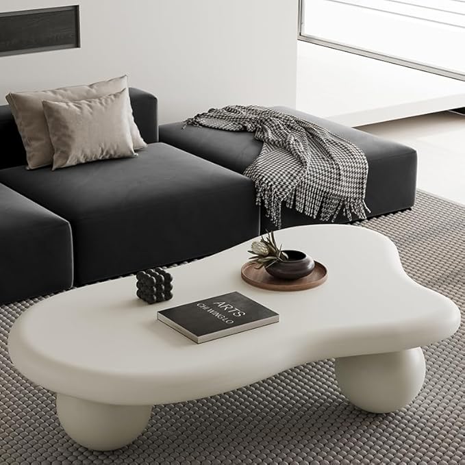 47.2” Cloud Coffee Table with 3 Ball Legs, Modern Lrregular Center Table for Living Room, Low Cute Small MDF Tea Table for Bedroom, Space Apartment-White