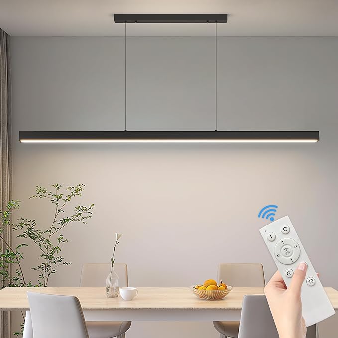 57" LED Linear Pendant Light Fixtures, 25W Dimmable Pool Table Light with Remote, Modern Island Lights for Kitchen Dining Room Living Room Office Bar, 3000k-6000k, Black