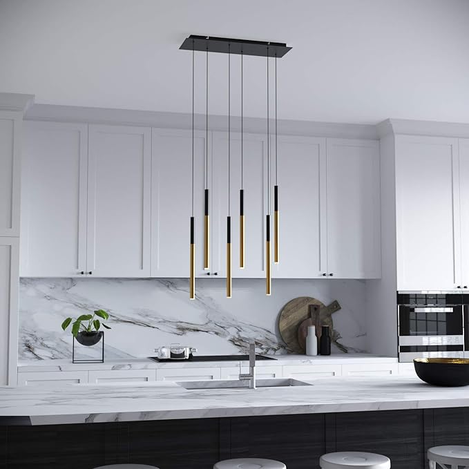 ALTAIR 6 Mini Pendant Lighting Black-Brass - LED Hanging Light Fixture for Kitchen Island, Bar, Foyer - Cluster Pendants - Dimmable, Adjustable Wire, Lamp Bulb Included