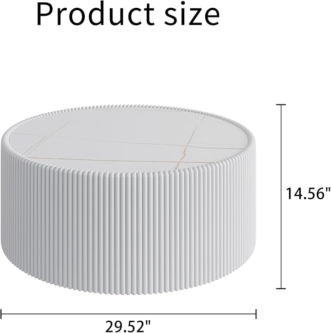 29.52" White Round Coffee Table, Drum Coffee Table with Sintered Stone Tabletop and Fluted PU Leather Covered and Stable Base, Circle Cocktail Tea Table for Living Room