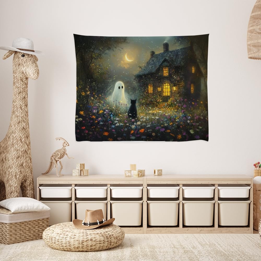 Halloween Black Cat and Ghost Tapestry Wall Hanging for Spooky Cute Bedroom Decor Dark Academia Moon Wildflower Cottage Tapestries Aesthetic for Home Living Room Decoration 70x90inch