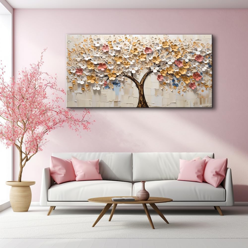 LASMOND Abstract Wall Art Teal Nature Tree of Life Canvas Painting Picture, Modern Large Panoramic Landscape Artwork Framed for Bedroom Living Room Bathroom Office Home Decor (30x60 Inches)