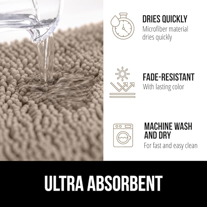 GORILLA GRIP Plush Absorbent Shaggy Chenille Bath Rug Mat for Square Toilet Base with Rubber Backing, Machine Washable Rugs, Soft Microfiber Contour Mats for Toilets, Bathroom Decor, Gray Beige