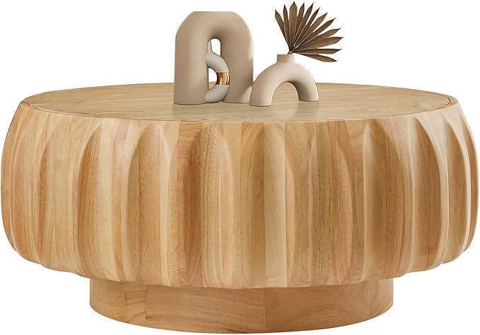 LKTART 31.5" Round Coffee Table Drum Table Contemporary Wood Fluted Centry Table with Solid Wood Veneer for Living Room (Natural)