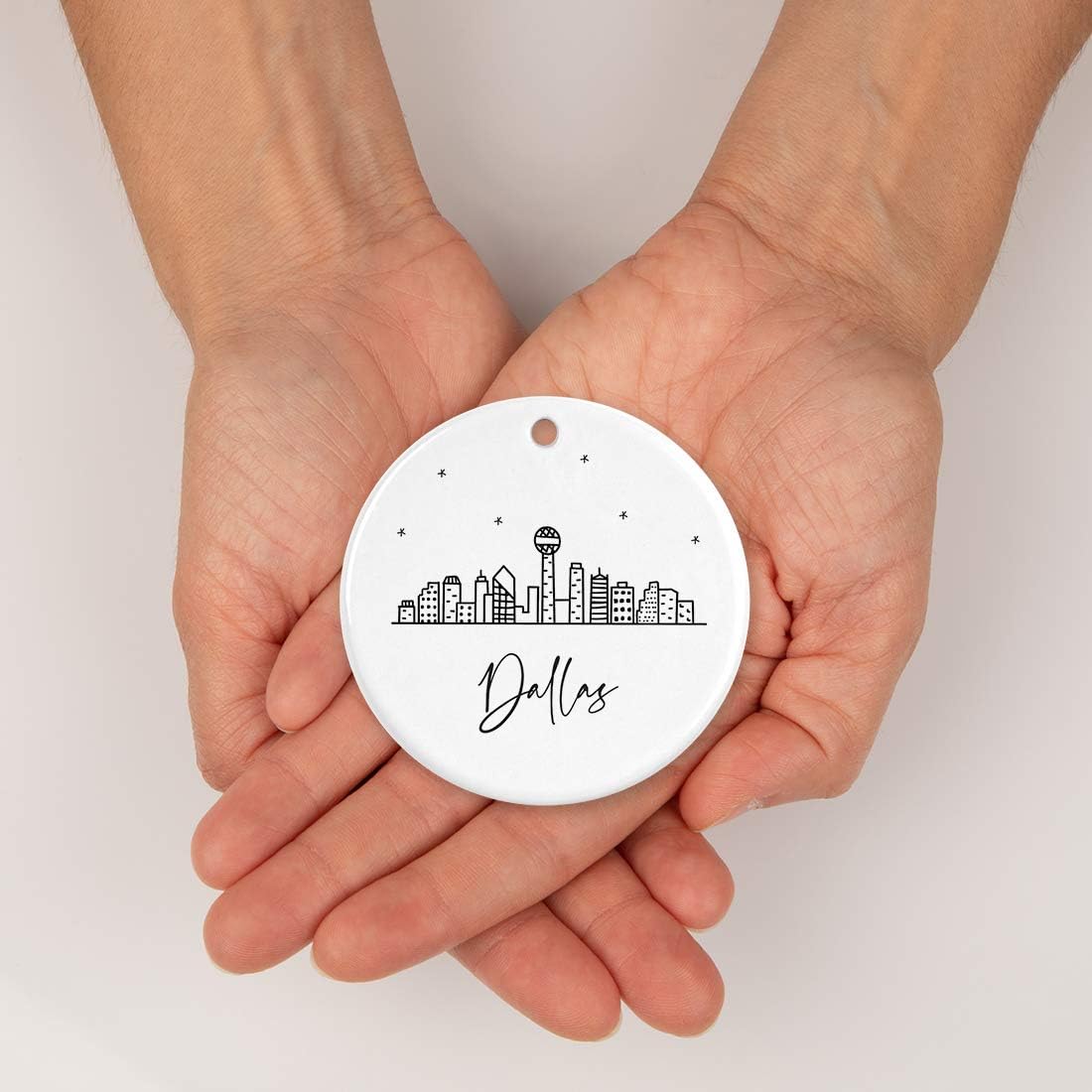 Andaz Press Round Ceramic Porcelain Christmas Tree Ornament Keepsake, Dallas Black and White Stars City Skyline Graphic, 1-Pack, Birthday Gift Ideas for Family Coworker, Includes Gift Box