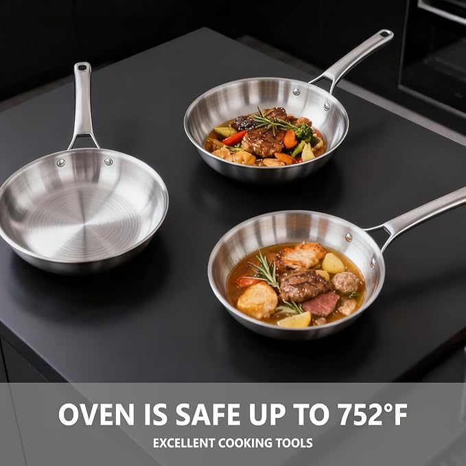 Bonnlo 3 Pieces Cookware Set, 3-Ply Stainless Steel Skillets Set, Non-Toxic Kitchen Set, Oven & Dishwasher Safe, Induction Cooking Set, PFOA & PTFE Free, Compatible for All Cooktops