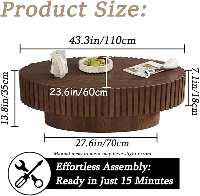 43.3” Oval Coffee Table Modern Fluted Coffee Table Handcrafted Relief Center Table with Sturdy Pedestal Mid Century Modern Center Table Tea Table for Living Room Apartment (Dark Brown)