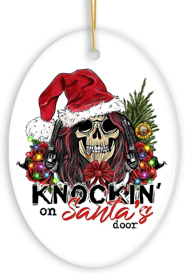 Knockin on Santa’s Door Gritty Rock Style Christmas Ornament, Rebellious Gunslinger Skull and Roses