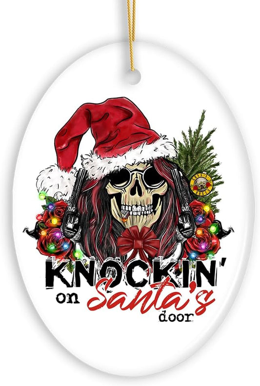Knockin on Santa’s Door Gritty Rock Style Christmas Ornament, Rebellious Gunslinger Skull and Roses