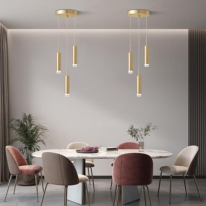 KCO Lighting 3-Light Gold Cylinder Kitchen Island Pendant Light Brushed Brass Metal Long Tube Bar Cluster Pendant Lighting Industrial Farmhouse Adjustable Hanging Ceiling Light Fixture