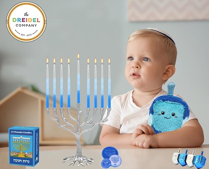 The Dreidel Company 2-Pack 45 Metallic Hanukkah Frosted Premium Tapered Hand Decorated Chanuka Candles Metallic Silver Blue Frost 1-Hour Burn Time