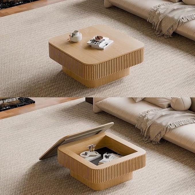 31.5" Square Coffee Table with Hidden Storage Compartment, Modern Handcraft Fluted Drum Coffee Table,Wooden Square Center Table Cocktail Tea Table with Sturdy Pedestal for Living Room,Natural