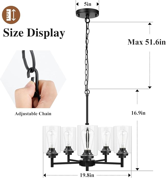 Sucolite 19.8'' 5-Light Chandelier for Dining Room Kitchen Island, Modern Farmhouse Pendant Lighting with Glass Shades Industrial Black Hanging Ceiling Light Fixture for Living Room, Height Adjustable