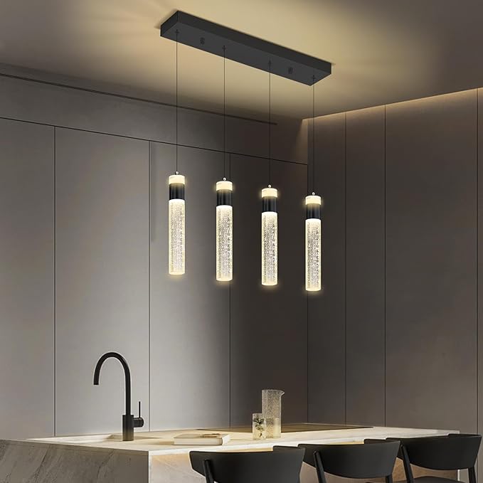 Dimmable 4-Light Pendant Lights Kitchen Island Modern LED Crystal Ceiling Light for Dinning Room Living Room 32W Black