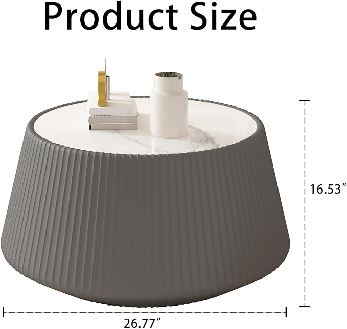 Round Living Room Table Set, 26.77" Grey Drum Center Table and 19.68" Grey Coffee Table Set, 2 Pieces Coffee Table Set with Sintered Stone Tabletop, Fluted PU Leather Covered and StableBase