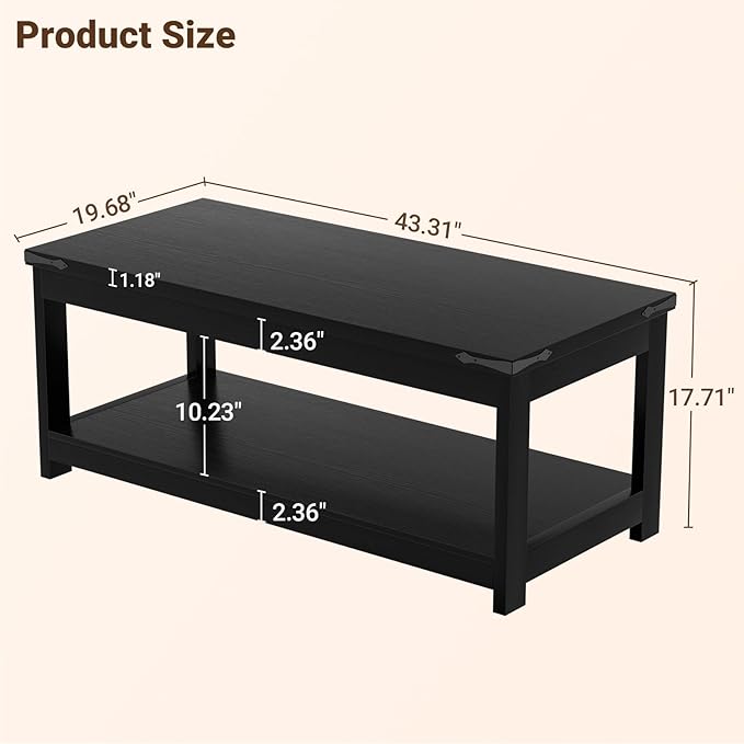 Homieasy Coffee Table with Storage Shelf, 43.3” Farmhouse Wood Coffee Tables for Living Room, Modern Center Tea Table, Black