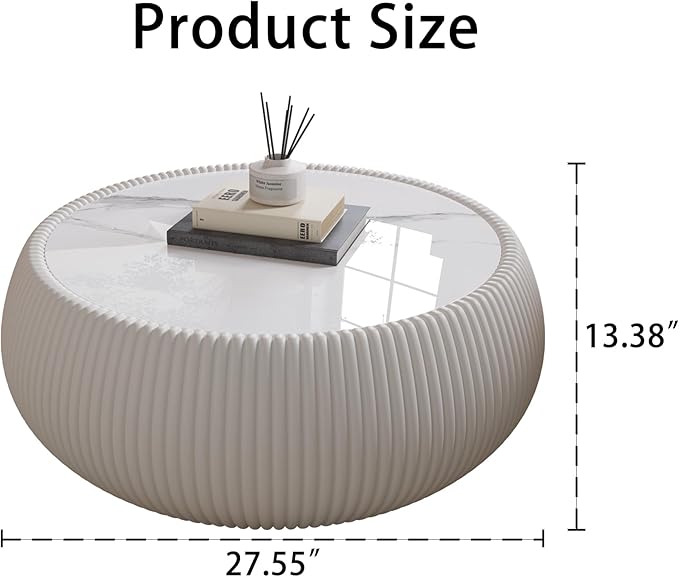 27.55" White Round Coffee Table, Drum Coffee Table with Sintered Stone Tabletop and Fluted PU Leather Covered and Stable Base, Circle Cocktail Tea Table for Living Room
