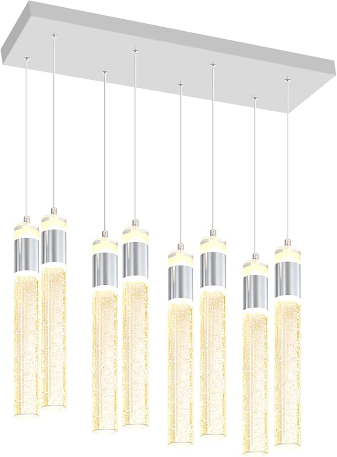 8-Lights Silver Hanging Pendant Light for Kitchen Island Modern Dimmable LED Crystal Chandeliers for Dining Room Bedroom Living Room Over Table Adjustable Height