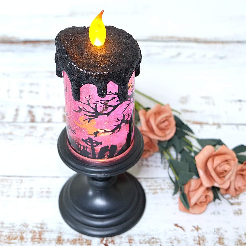 Eldnacele Halloween Snow Globe Candles Lighted Lamp, Battery Operated Spinning Water Glittering Tornado Flameless Candles Table Centerpiece for Halloween Decoration Indoor(Ghost)