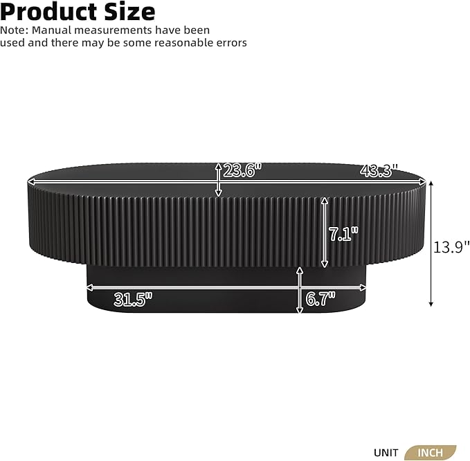 WILLIAMSPACE 43.3" Oval Coffee Table with 6.8" Thick Tabletop & Sturdy Base, Modern Drum Center Table Accent End Tea Table for Living Room, Minimalist Fluted Design, Easy Assembly, Black