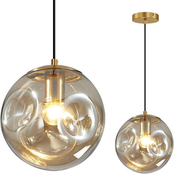 Modern Amber Concave Glass Pendant Light, Kitchen Island Lighting Single Globe Pendant Light Fixtures Century Kitchen Island Pendant Lighting for Bedroom Living Dining Room Light （Without Bulb）