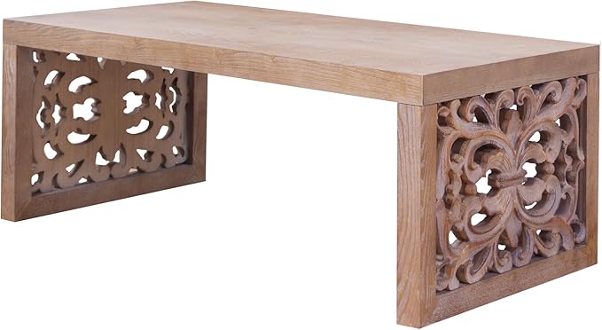 Rectangular Coffee Table with Handcrafted Ornate Side Panels, Rustic Center Table with Solid Wood Veneered, Farmhouse Tea Table for Living Room Office Apartment,47.2" L x 23.6" W x 17.9" H