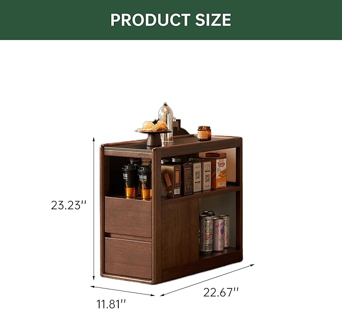 100% Solid Wood Side Table with Wheels, Narrow Side Table with Storage Drawers, Rolling Bedside Table for Bedroom Living Room Space Saving (Walnut, 11.81" D x 26.77" W x 23.23" H)