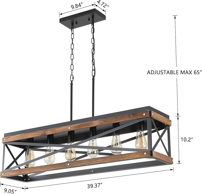 Rustic Farmhouse Wood Kitchen Island Lighting, 6 Lights Rectangular Pendant Light Fixture, Adjustable Chain Oak Wood and Metal Linear Chandelier for Dining Room Kitchen Island Farmhouse, Black