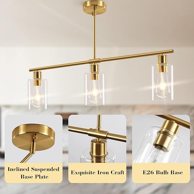 Kitchen Island Lighting, Linear Chandeliers Rectangle Pendant Light Fixtures for Dining Room Farmhouse Hanging Light with Glass Shades (Gold, 3 Lights)