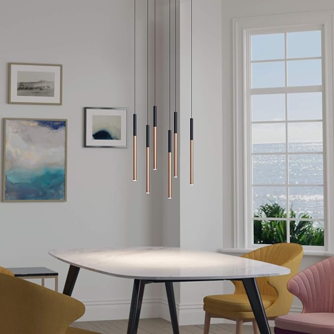 ALTAIR 6 Mini Pendant Lighting Black-Copper - LED Hanging Light Fixture for Kitchen Island, Bar, Foyer - Cluster Pendants - Dimmable, Adjustable Wire, Lamp Bulb Included