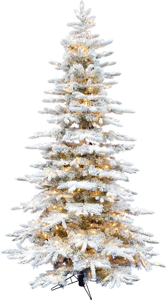 Fraser Hill Farm Pine Valley Flocked Christmas Tree, 9 Feet Tall, Includes White Incandescent Smart Lights with Easy to Connect Features, Artificial Modern Xmas Perfect Decor for The Home