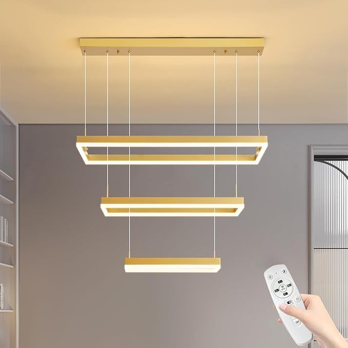 Modern Chandeliers for Living Dining Room, 3-Ring Rectangular LED Chandelier Light Fixture with Remote Control Dimming, Hanging Pendant Light with Adjustable Height, Gold