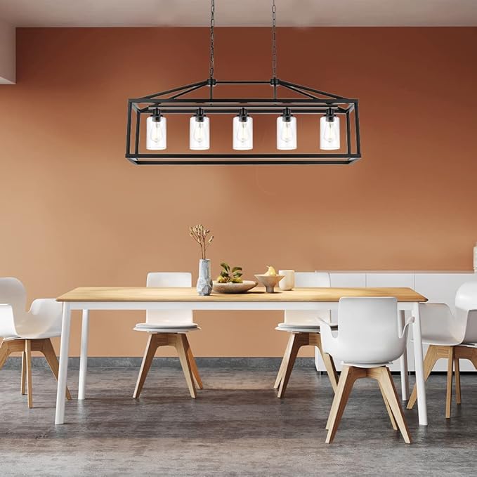 BONLICHT 5 Light Farmhouse Chandelier Ceiling Hanging Dining Room Lighting Fixtures Matte Black Modern Pendant Lighting Industrial Rectangular Kitchen Island Chandelier Fixture with Seeded Glass Shade