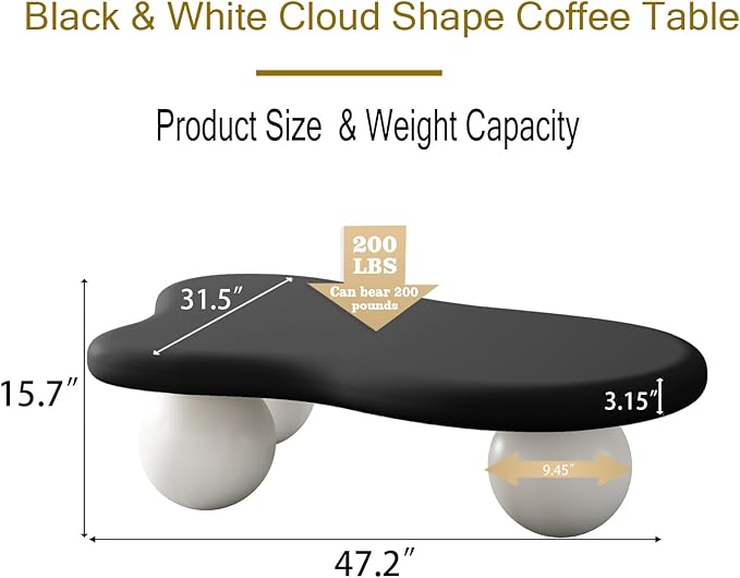 47.2” Cloud Coffee Table with 3 Ball Legs, Modern Lrregular Center Table for Living Room, Low Cute Small MDF Tea Table for Bedroom, Space Apartment-Black White