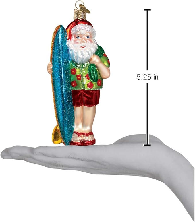 Old World Christmas Surfer Santa Glass Blown Ornament for Christmas Tree, Handcrafted Holiday Decoration, Santa Collection