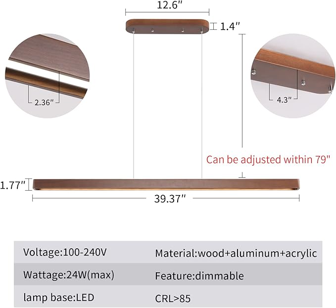 39" Wood Linear Pendant Light FixtureDimmable LED Kitchen Island Lighting with Remote, Adjustable Hanging Chandelier for Dining Room Bar Pool Table 36W Modern Farmhouse Fixture Walnut Color