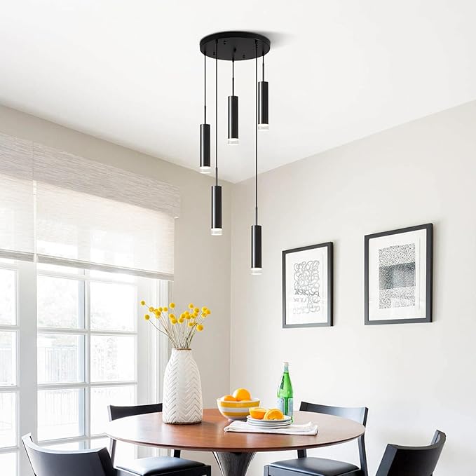 KCO Lighting Black Cluster Pendant Light Fixture Industrial Stairway Chandelier Lighting Cylinder Pendant Lights Kitchen Island Farmhouse Dining Room Light Fixtures