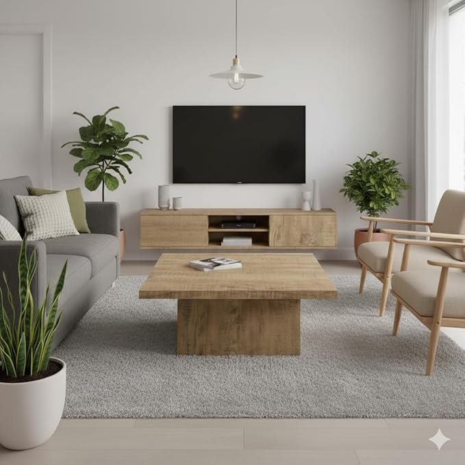 CARTESIAN Square Coffee Table, Natural Mango Wood Finish, Modern Block Base Design, 35.5x35.5x16.25 Inches, Living Room