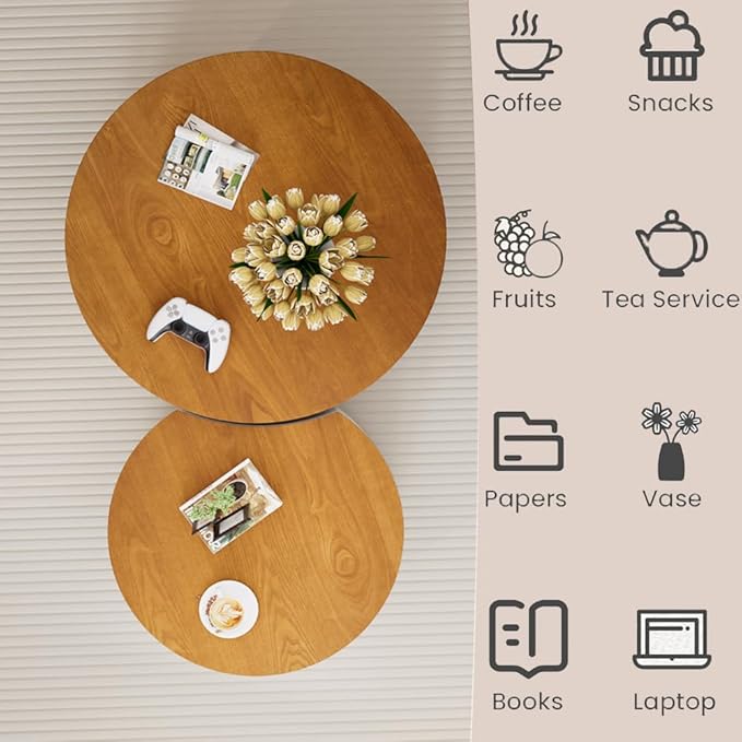 Nesting Coffee Table Set of 2 Modern Round Coffee Table with Hidden Storage Round Side Table Drum Accent End Tables for Living Room, Bedroom (White)