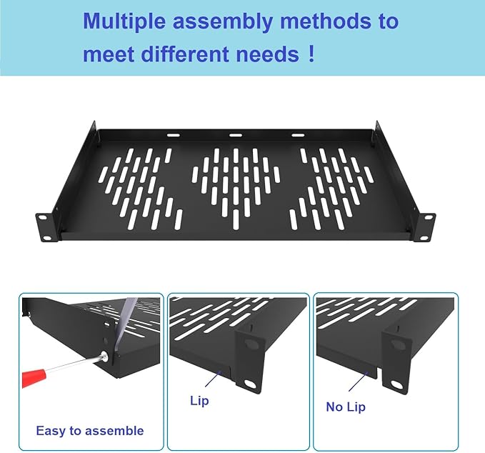 Beiyier 2PCS 1U Universal Server Rack Shelf, 10" Deep Vented Cantilever Mount Tray, for 19” Network Equipment Rack & Cabinet (Black)