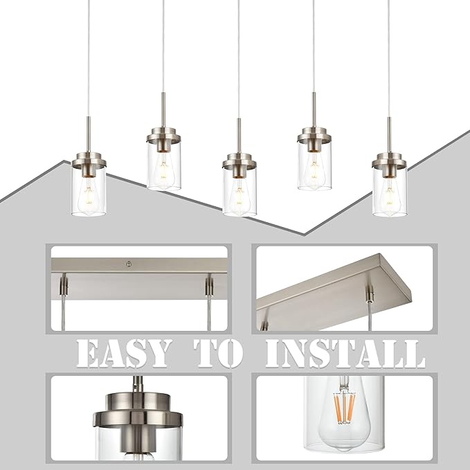 MELUCEE 5 Lights Kitchen Island Lighting Modern Linear Chandeliers for Dining Room, Industrial Brushed Nickel Pendant Light Fixtures Ceiling Hanging with Clear Glass Shade, 37.0 Inches Length
