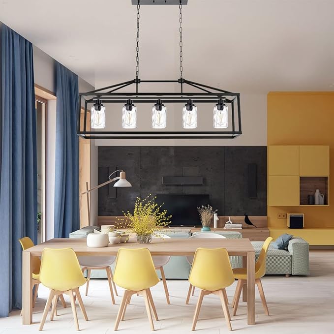 BONLICHT Black Farmhouse Chandeliers Rectangle 5 Light Modern Kitchen Island Pendant Light with Clear Water Glass Industrial Linear Dining Room Lighting Fixture Hanging Flush Mount Ceiling Lights