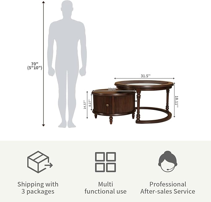 LKTART Nesting Coffee Table for Living Room,Round Tempered Glass Solid Wood Nest Coffee Tables with Storage,Retro Small Accent Center Table for Small Space Apartment (31.5''D×18''H-Dark Brown)