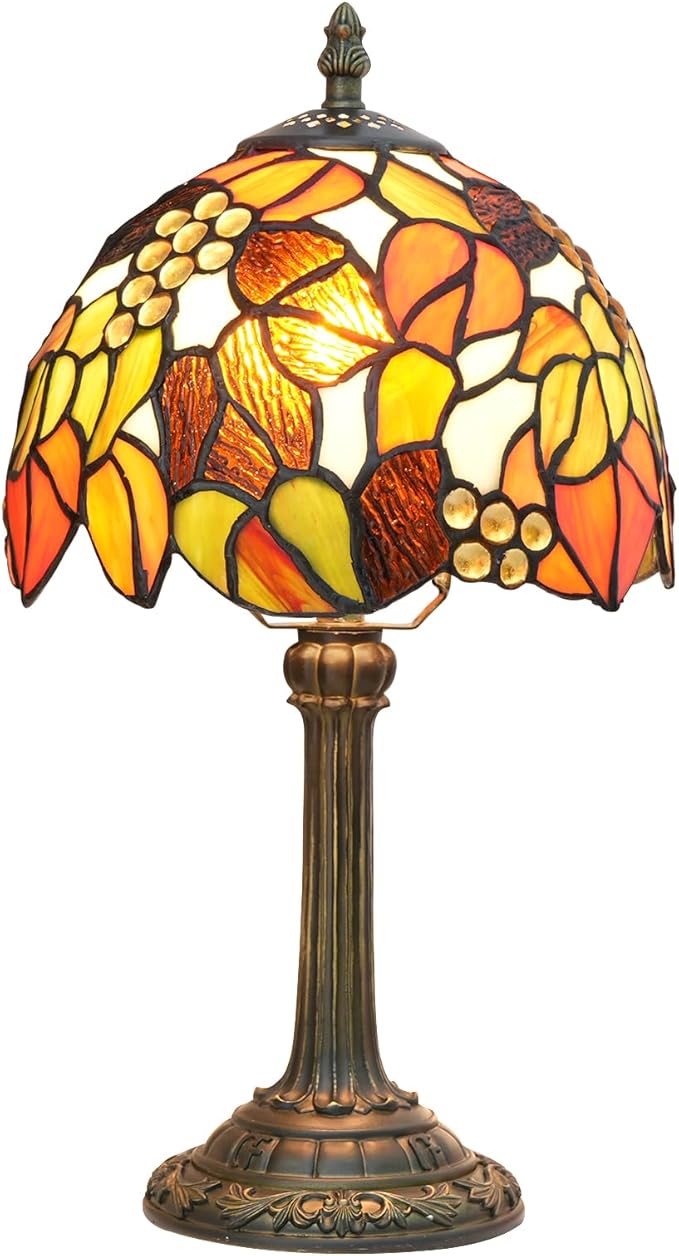 Tiffany Stained Glass Table Lamp Orange Grape Bedroom Bedside Reading Desk Light for Office Dormitory Bar Decorate Retro Style Unique Cute Accent Decor Cottage 8" Village Nightstand Lamps