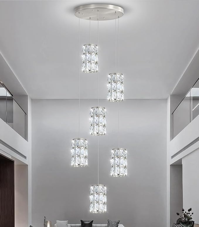 6-Lights Modern Crystal Pendant Lights for Kitchen Island LED Dimmable Glam Pendant Lighting Chandelier for Dining Room Hallway Corner Lamp Nickel