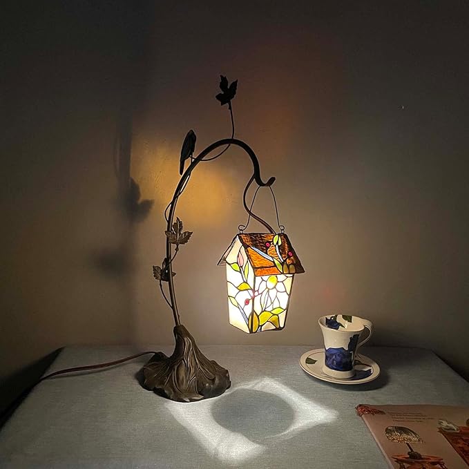 Bieye L10617 Tiffany Style Stained Glass Birdhouse Table Lamp for Home Decor (21-inch High, Pink Flower)