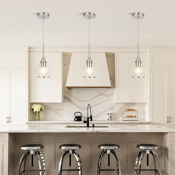 1-Piece Island Light for Kitchen, 1-Light Brushed Nickel Kitchen Island Hanging Pendant Light, Brushed Nickel Dining Room Light Fixture Over Table with Clear Round Glass Shade
